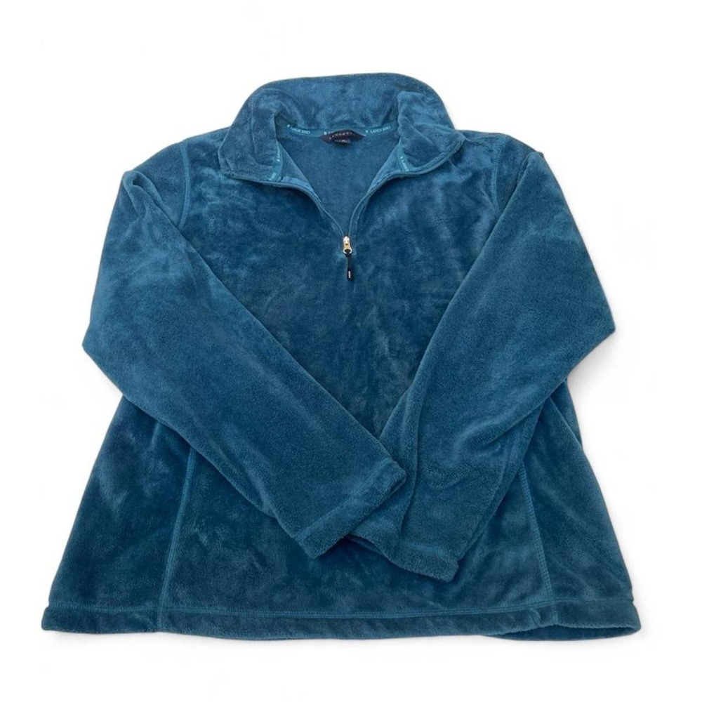 Lands End Womens Quarter Zip Fleece Pullover Teal Blue Mock Neck Size L 14-16